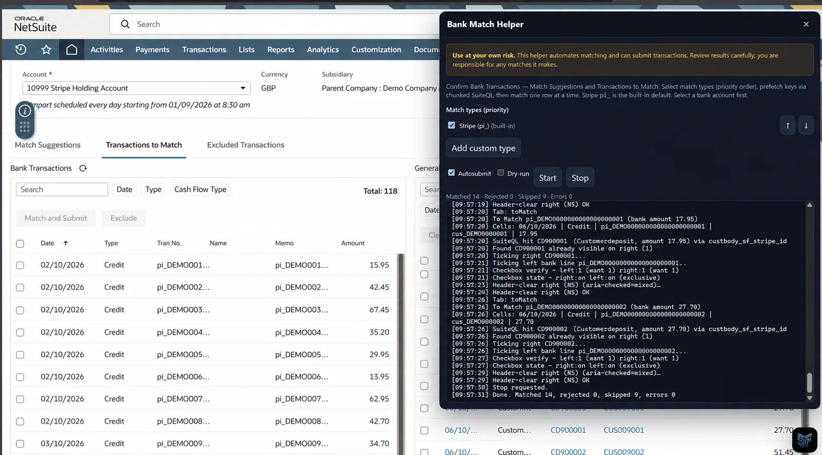 bank match screen with the extension active