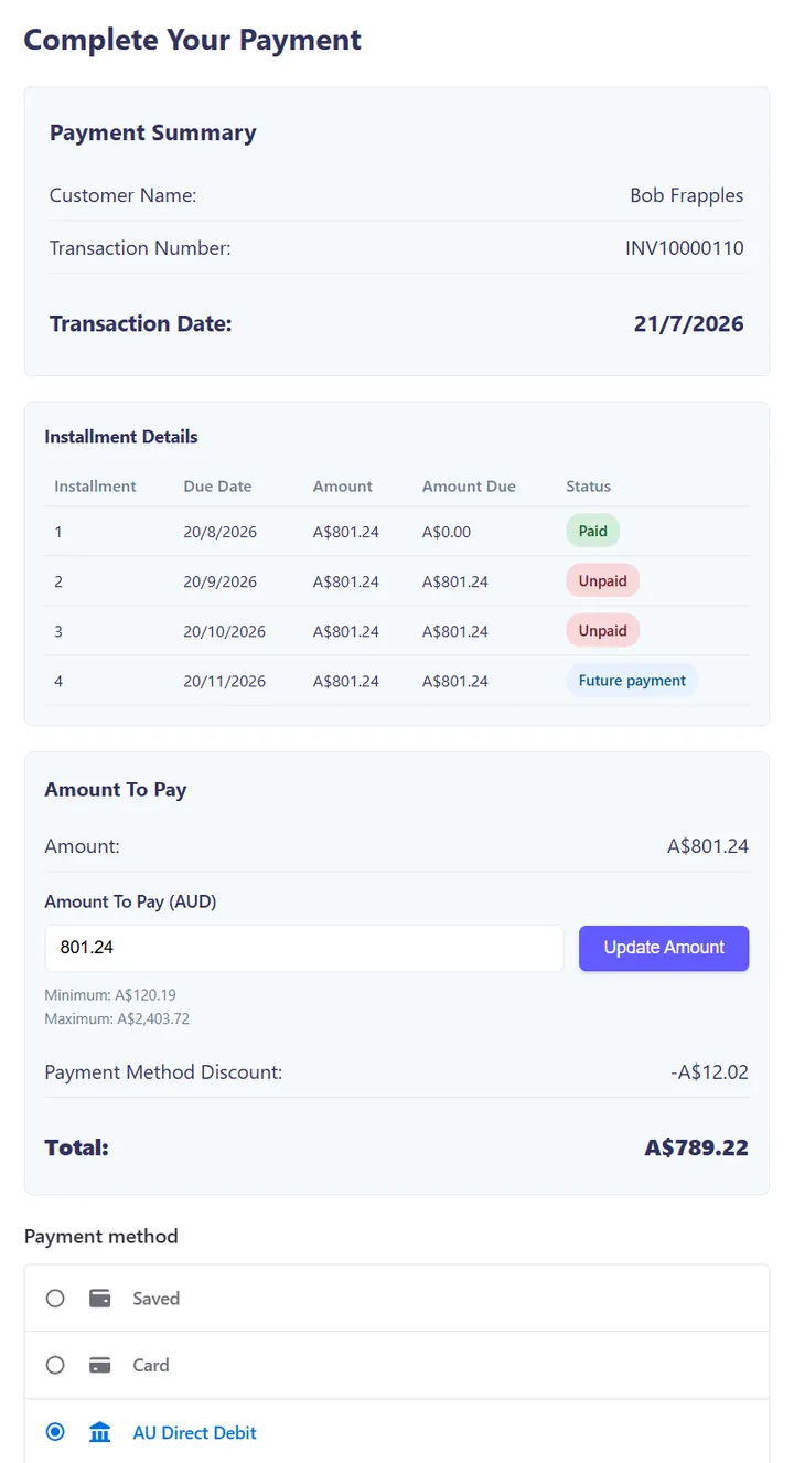 SuiteFunction checkout for invoice INV10000110 showing four instalments of A$801.24 (one paid, two unpaid, one future), an amount-to-pay field with a minimum of A$120.19 and maximum of A$2,403.72, a payment method discount of A$12.02, a total of A$789.22, and payment options Saved, Card and AU Direct Debit